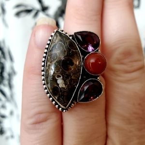 New Turritella Fossil, Carnelian and Amethyst 925 Silver Ring.